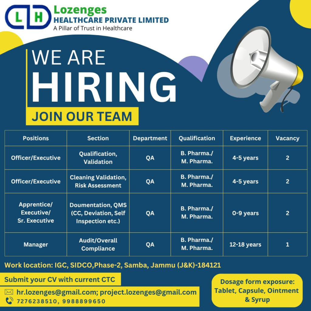 Lozenges LH Healthcare Hiring for Quality Assurance Roles (0-9 Years Exp.)