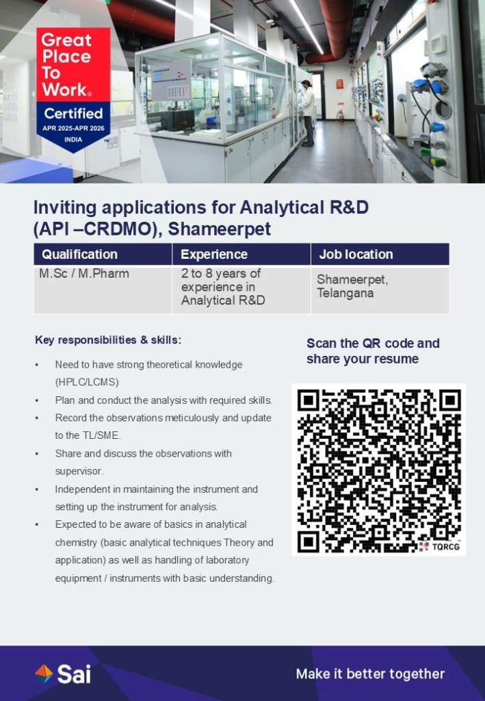 Sai Life Sciences - Job Openings in Analytical R&D (API-CRDMO)