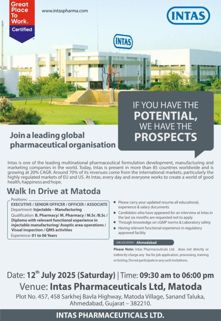 Intas Pharmaceuticals Walk-In Drive for Injectable Manufacturing Roles on 12th July