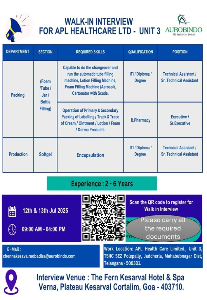 APL Health Care Limited: Walk-In Interview for Production & Packing Roles in Jadcherla!