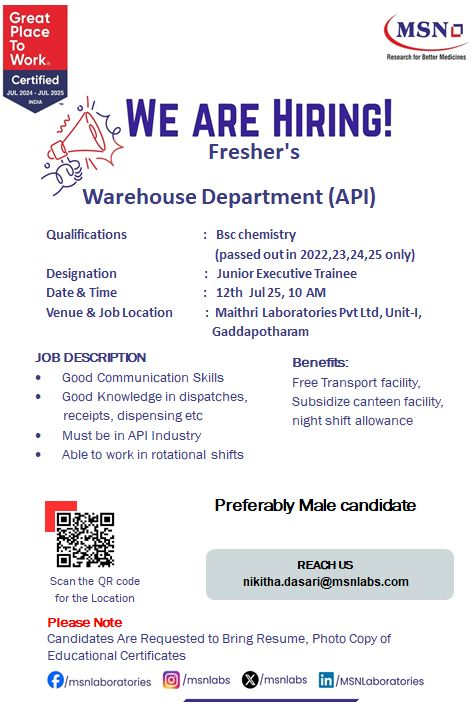Freshers Jobs @ MSN Laboratories Walk-In Interview for Warehouse Junior Executive Trainee on 12th July