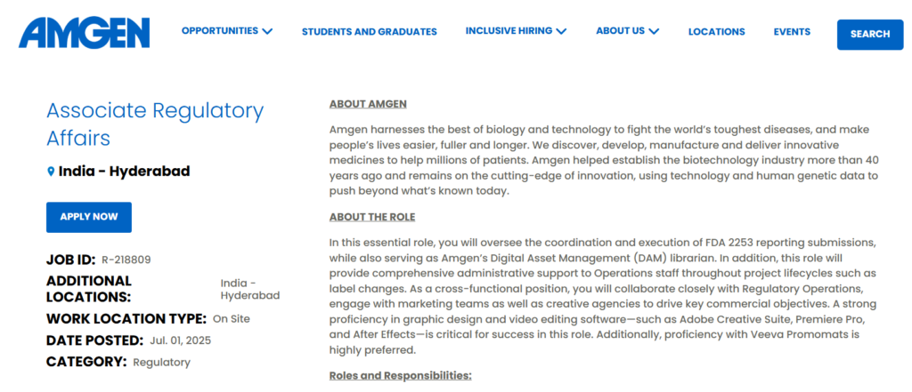 Amgen - Job Openings for Associate Regulatory Affairs