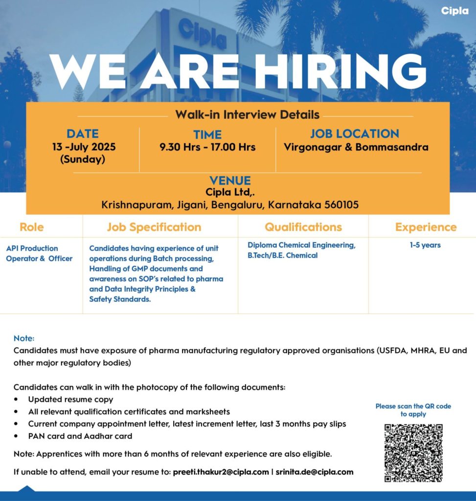 Cipla Walk-In Interview for API Production Roles on 13th July