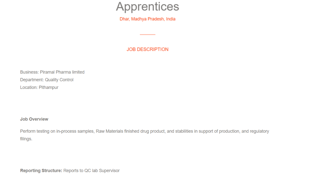 Piramal Pharma Solutions - Apprentice Opportunity in Quality Control at Pithampur