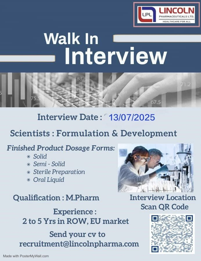 Lincoln Pharmaceuticals Walk in Interview for Scientist – Formulation and Development on 13th July