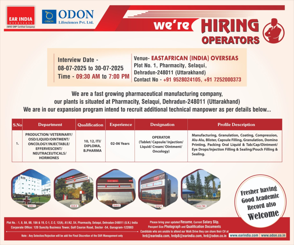 Freshers jobs @ Odon Lifesciences Walk in Interview for 10th, 12th, ITI, Diploma, B.Pharma Candidates on 8th to 30th July