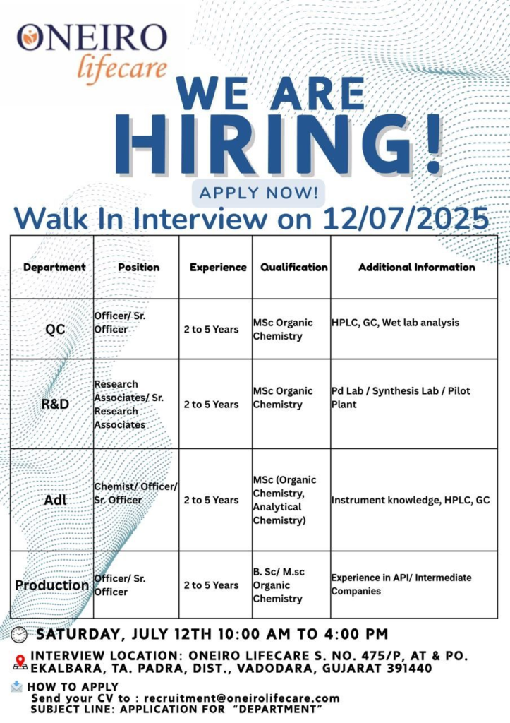 Oneiro Lifecare Walk in Interview for QC, R&D, ADL, and Production Departments on 12th July