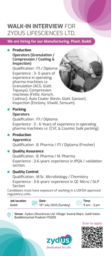 Zydus Lifesciences Walk in Interview for Production, QA and QC on 13th July