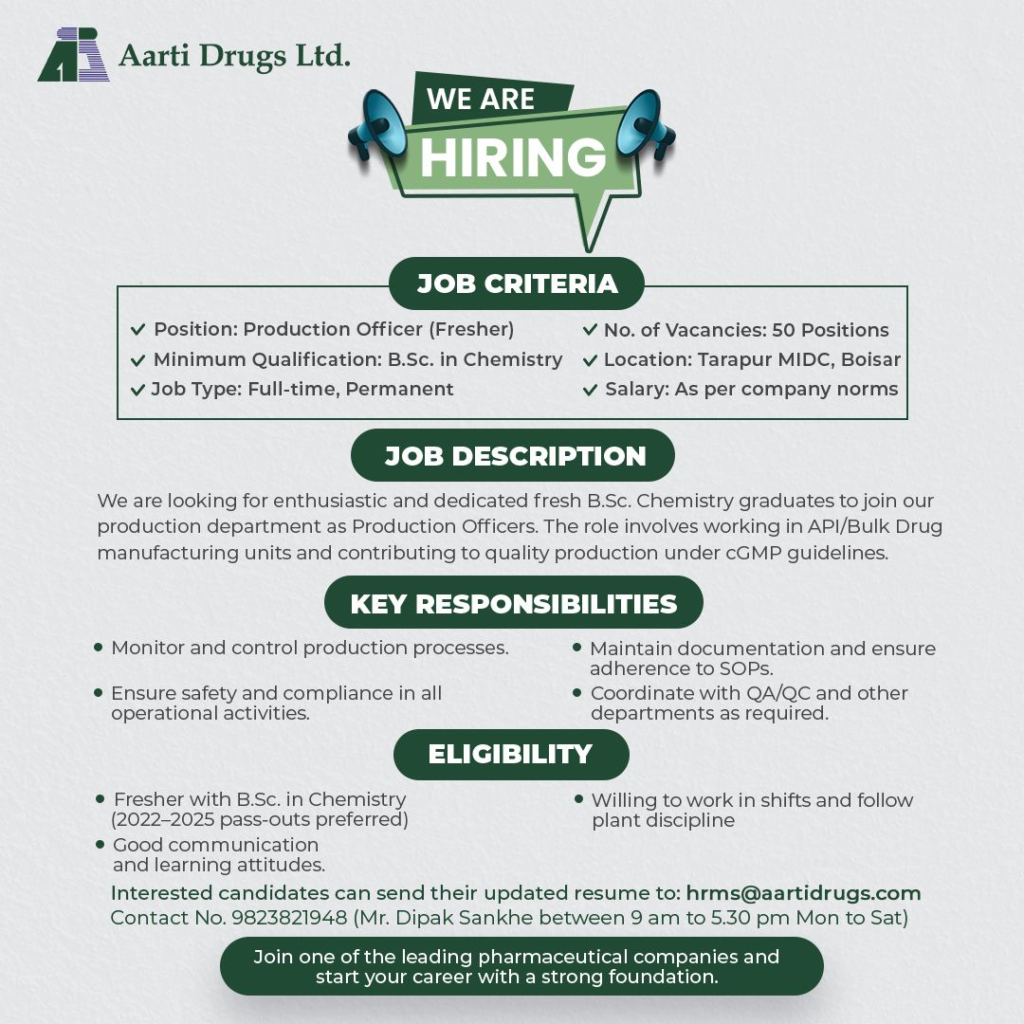 48+ Freshers Job Openings @ Aarti Drugs - Hiring for Prodcution Officer