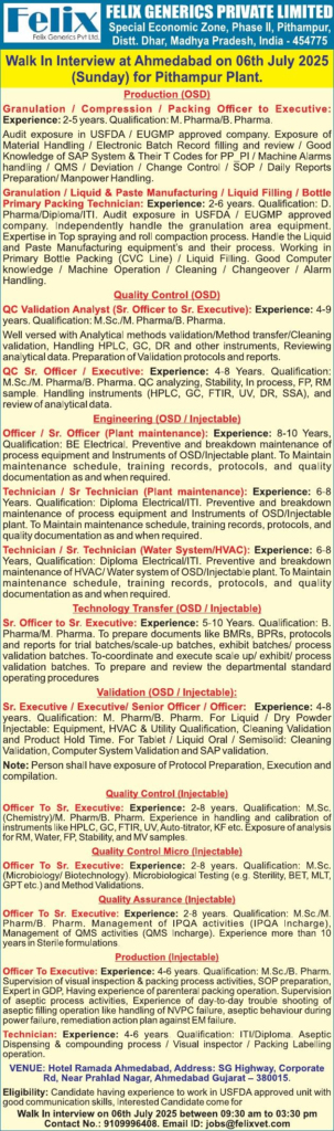 Felix Generics Private Limited Walk-In Interview for Production, QC, Engineering, and QA Roles in Pithampur  – July 6, 2025