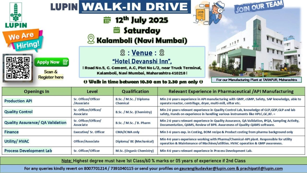 Lupin Limited Walk in Interview forProduction API, Quality Control, Quality Assurance & QA Validation, and Finance Roles on 12th July