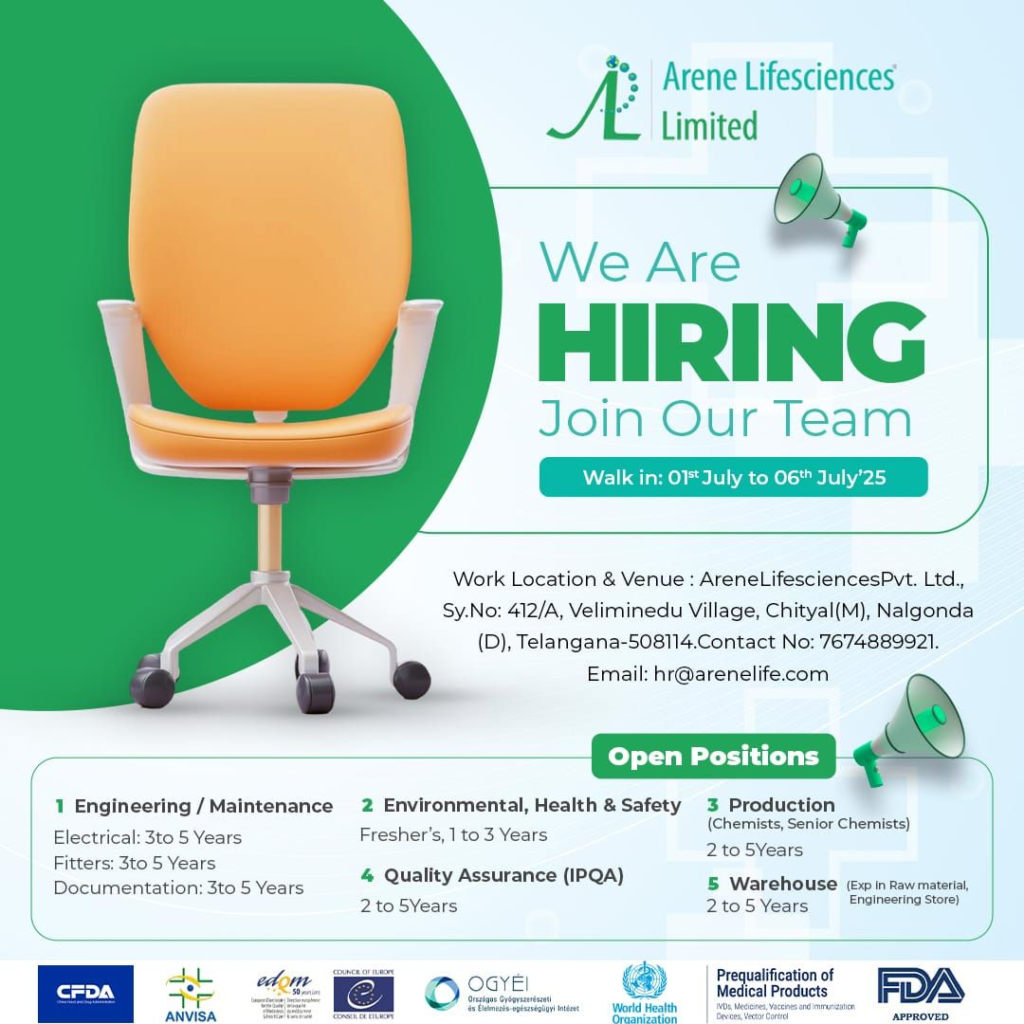 Freshers Jobs @ Arene Lifesciences Limited Walk-In Interview for Multiple Roles – July 1–6, 2025