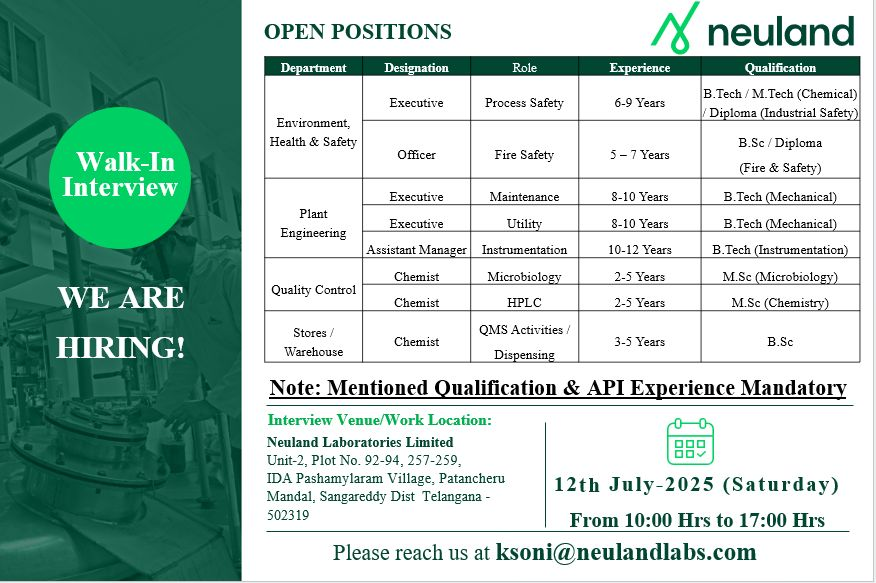 Neuland Laboratories: Walk-In Interview for Exciting Roles in Telangana