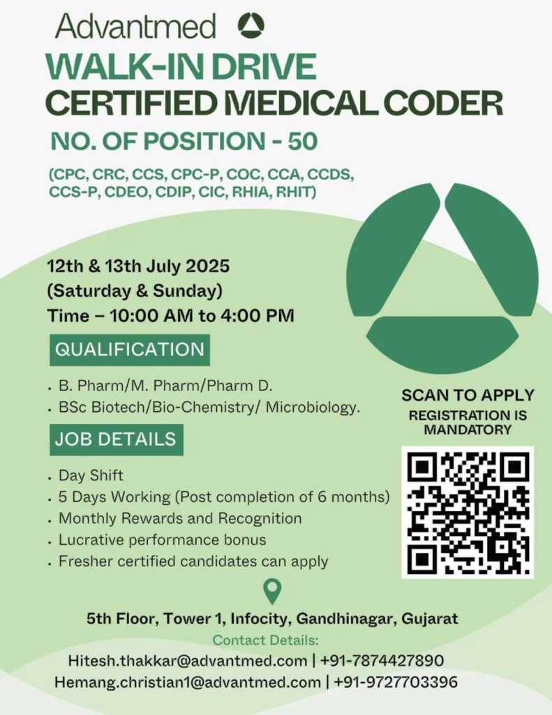 Advantmed Walk-In Drive for Certified Medical Coders (Fresher or Experienced) on 12th & 13th July