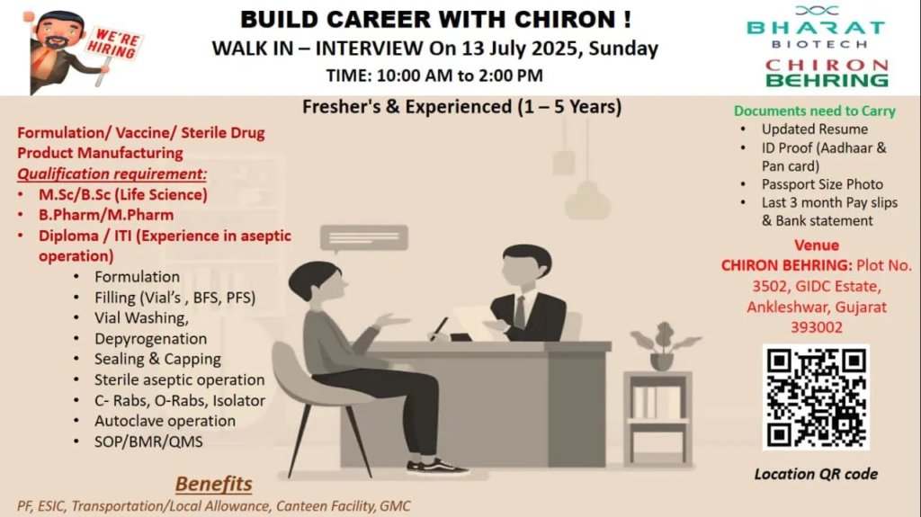 Bharat Biotech (Chiron Behring) Walk-In Interview for Exciting Roles in Vaccine Manufacturing on 13th July