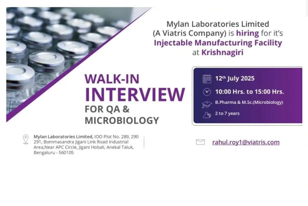 Mylan Laboratories Walk-In Interview for QA & Microbiology Roles on 12th July