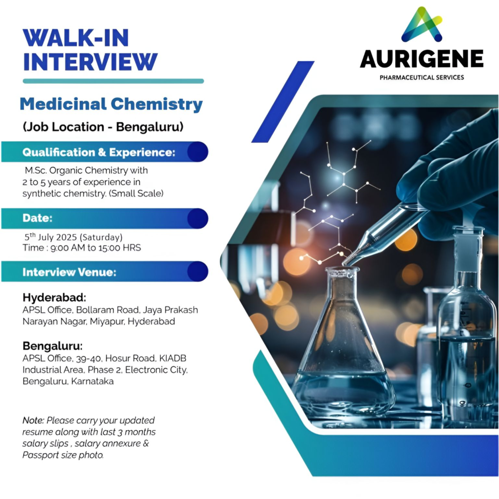 Aurigene Pharmaceutical Services Walk-In Interview for Medicinal Chemistry Roles – July 5, 2025