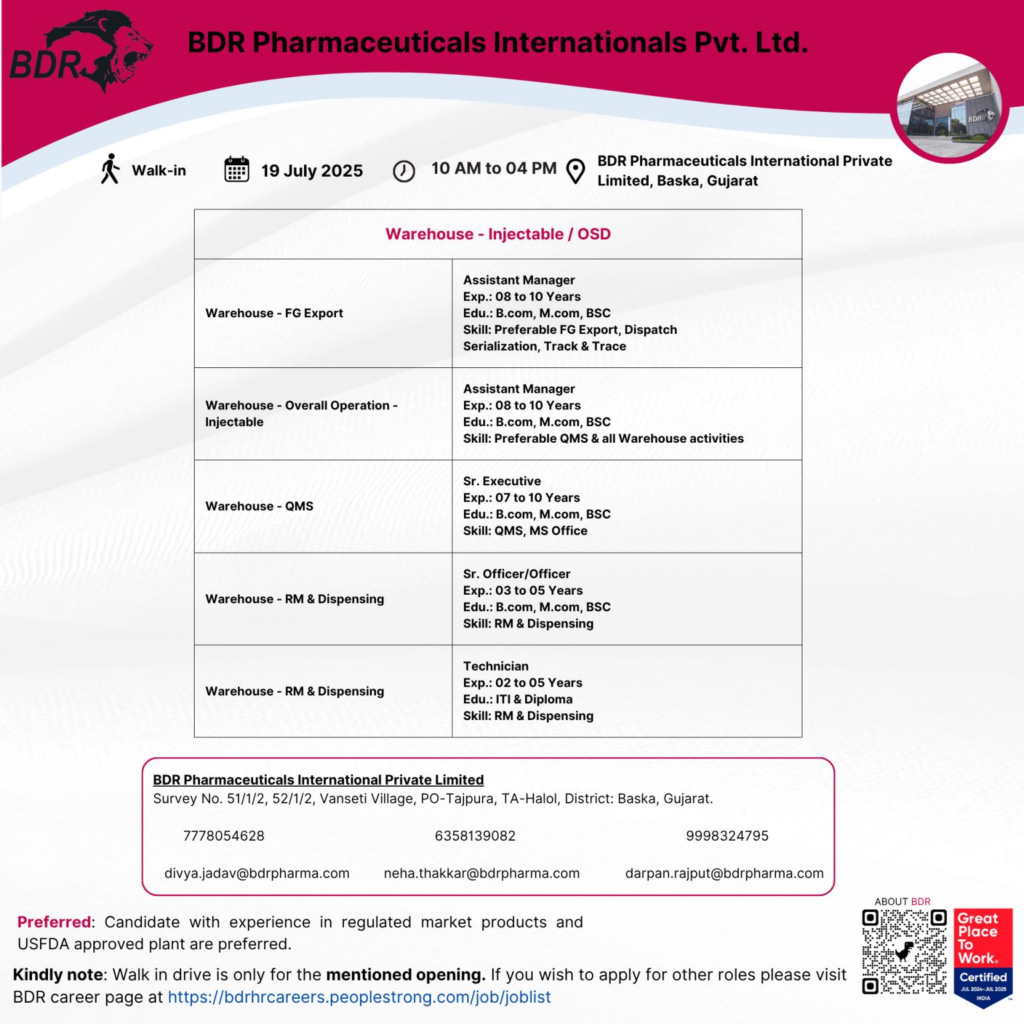 BDR Pharmaceuticals Walk-In Interview for Warehouse Roles on 19th July