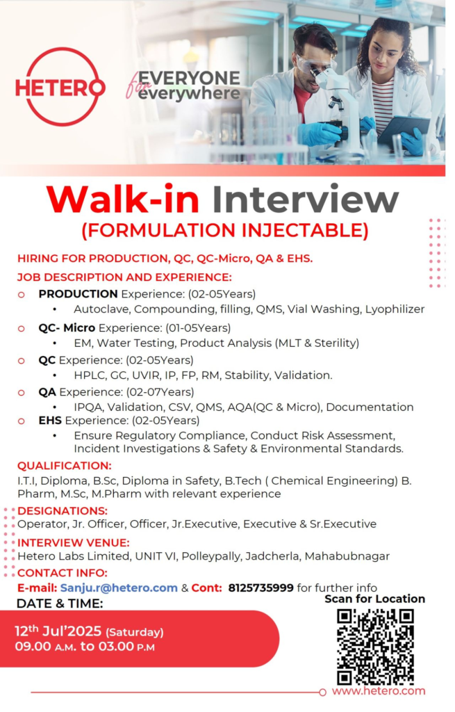 Hetero Labs Walk-in Interview 2025 – Hiring for Injectable Formulation Roles (Production, QC, QA, EHS & More) on 12th July