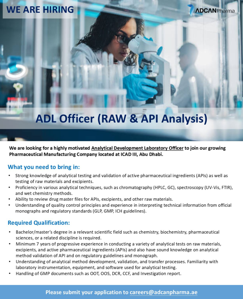 Analytical Development Laboratory (ADL) Officer Job in Abu Dhabi – Adcan Pharma is Hiring!