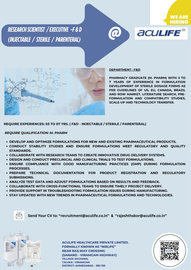 Aculife Healthcare is Hiring for Research Scientist / Executive – Formulation & Development (Injectable/Sterile)