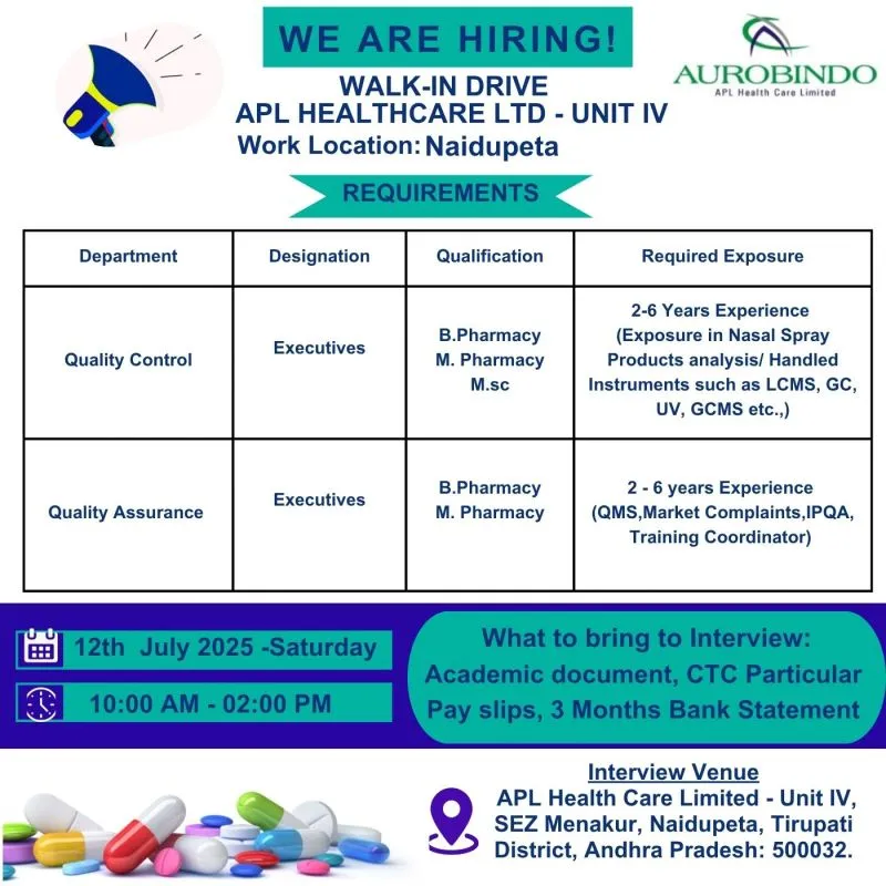Aurobindo APL Healthcare Walk-In Drive for QA & QC Executives – 12th July 2025