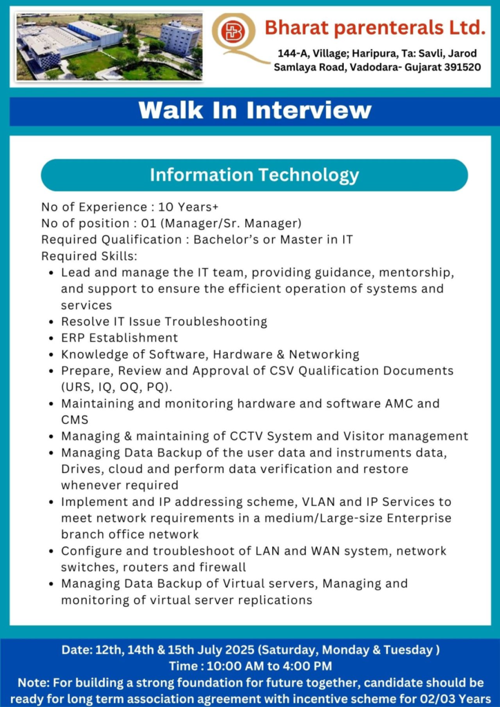 Bharat Parenterals Ltd. Walk-In Interviews – Multiple Job Openings | July 2025
