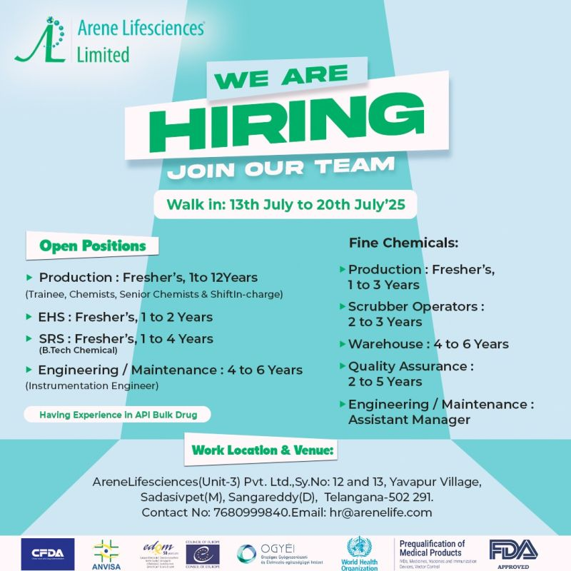 Arene Lifesciences Limited Walk-In Drive – Hiring for Multiple Positions (13th to 20th July 2025)