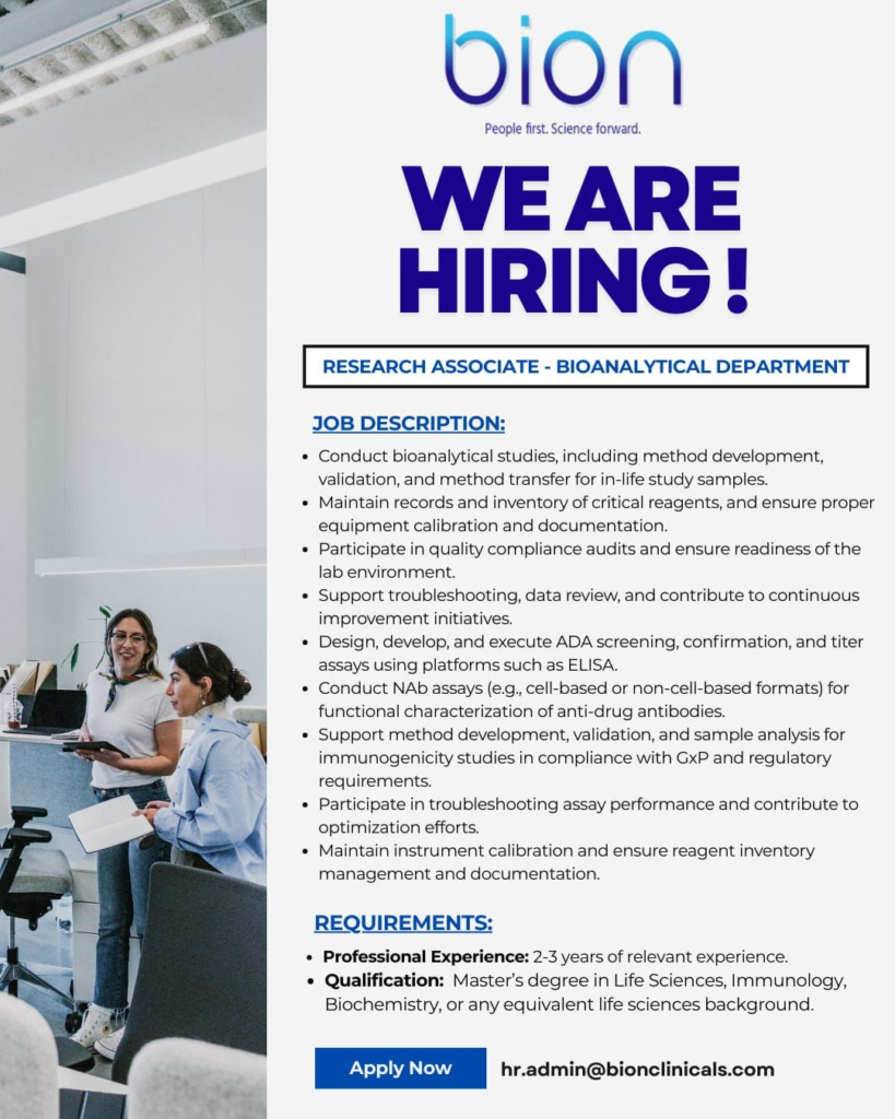 Bion Clinicals Is Hiring Research Associate – Bioanalytical Department | Apply Now