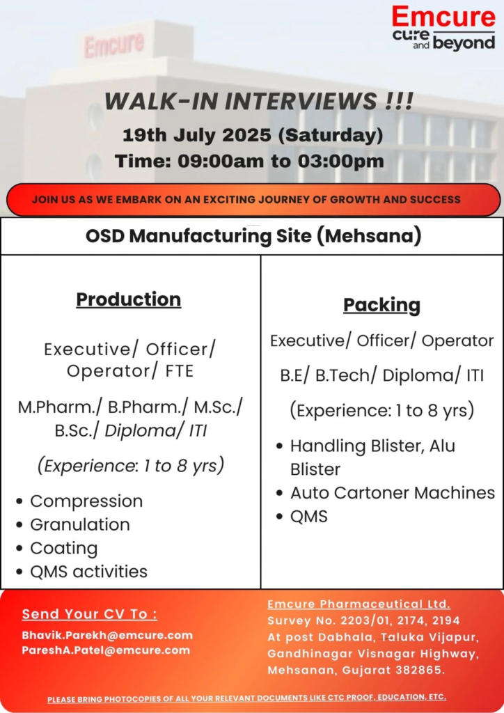 Emcure Pharmaceuticals Walk-in Interview – Production & Packing Roles at OSD Manufacturing Site on 19th July