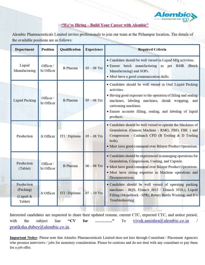 Alembic Pharmaceuticals – Job Openings for Production, Packing and Quality Roles at Pithampur Plant