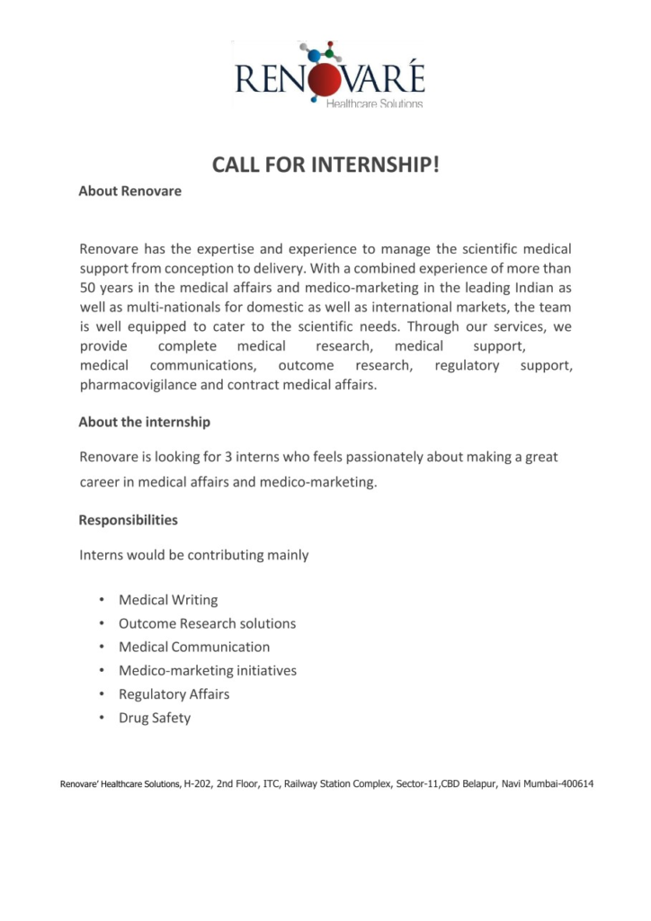 Renovare Healthcare Solutions -Internship for Medical Writing & Drug Safety