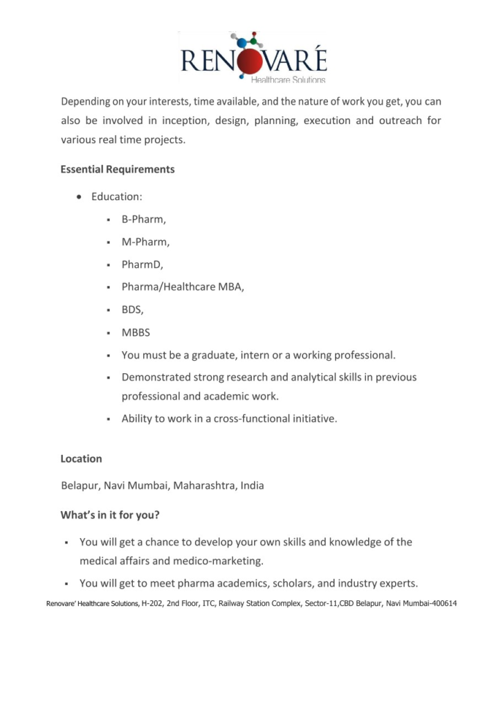 Renovare Healthcare Solutions -Internship for Medical Writing & Drug Safety
