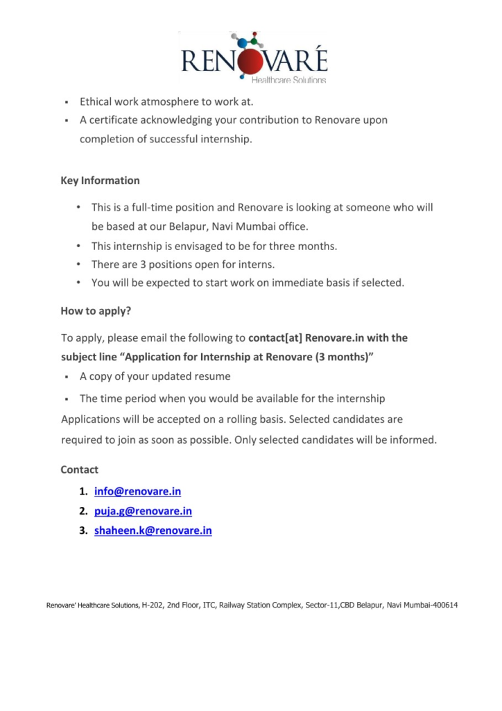 Renovare Healthcare Solutions -Internship for Medical Writing & Drug Safety