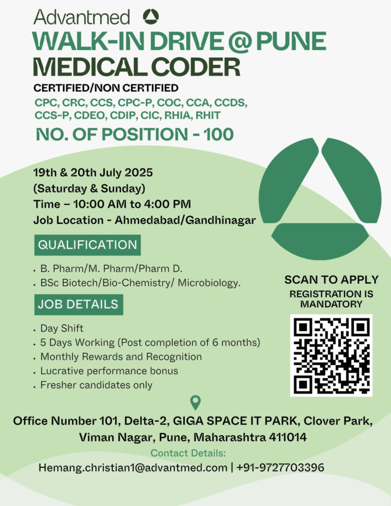99+ Job Openings @ Advantmed Walk-In Drive for Medical Coders on 19th & 20th July