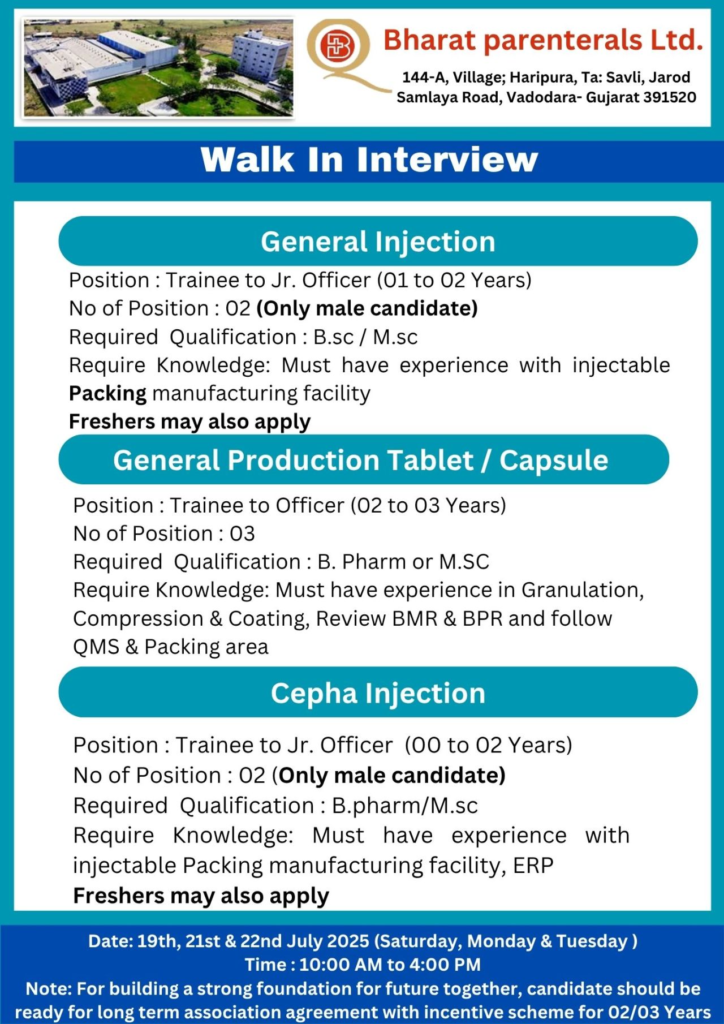 Bharat Parenterals Ltd. – Walk-In Interviews 2025 on 19th, 21st, & 22nd July