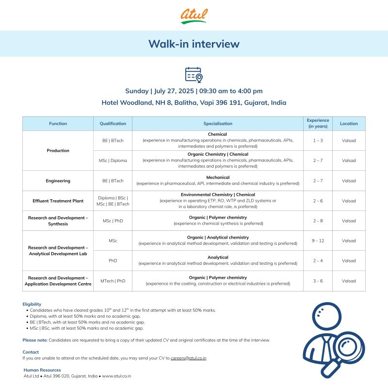 Atul Ltd Walk-In Interview  for Production, Engineering and R&D Job ROles on 27th July 2025