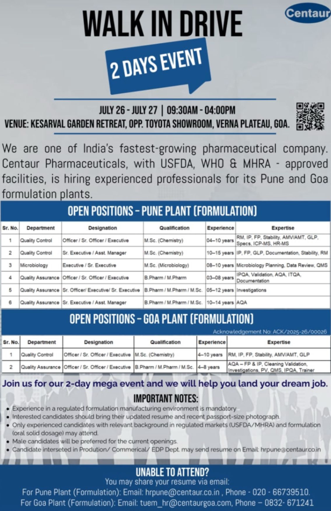 Centaur Pharmaceutical Walk in Interview