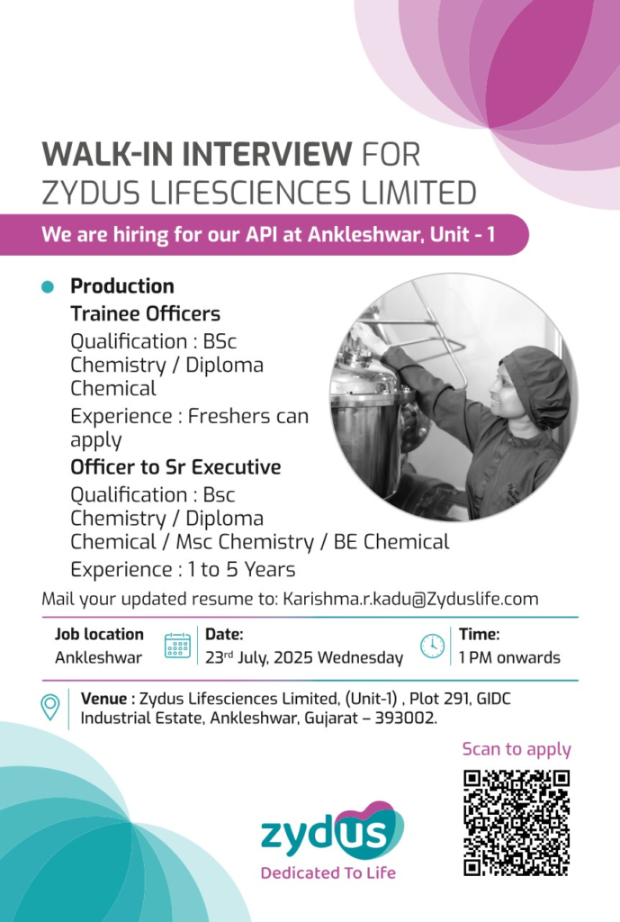 Zydus Lifesciences Walk-In Interview for Production Trainee on 23rd July 2025