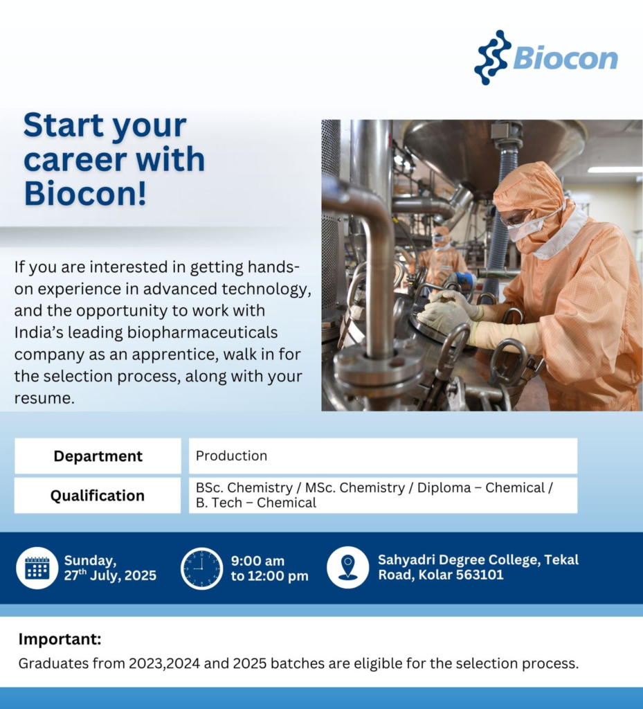 Biocon Walk-In Interview for Apprentices on 27th July 2025