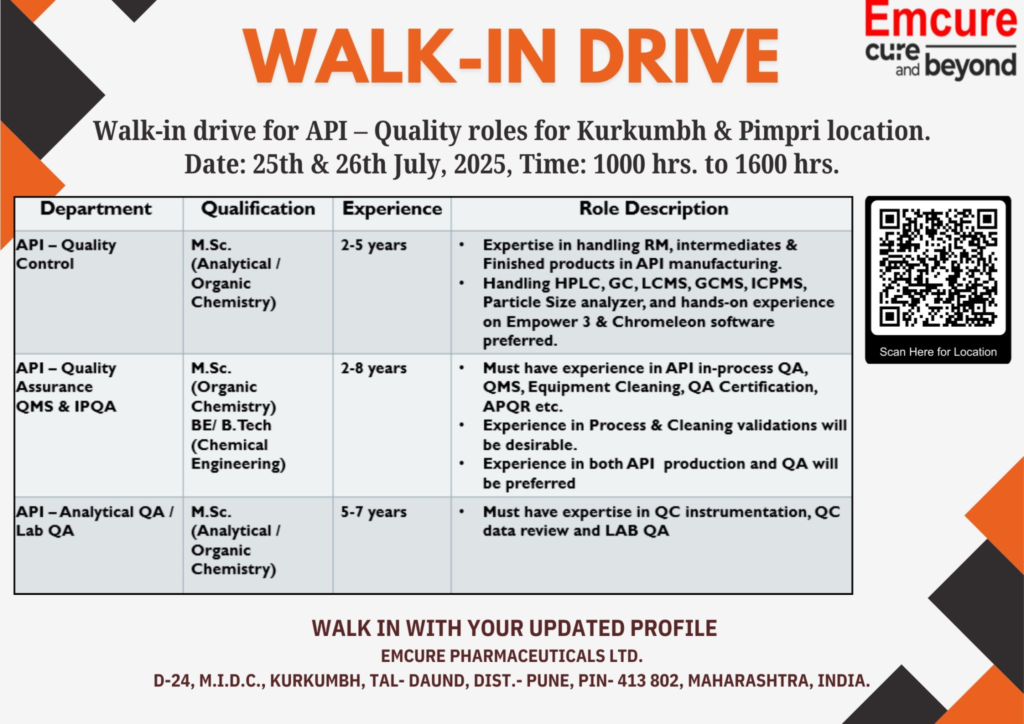 Emcure Pharmaceuticals Walk-In Drive for QA & QC - API on 25th-26th July