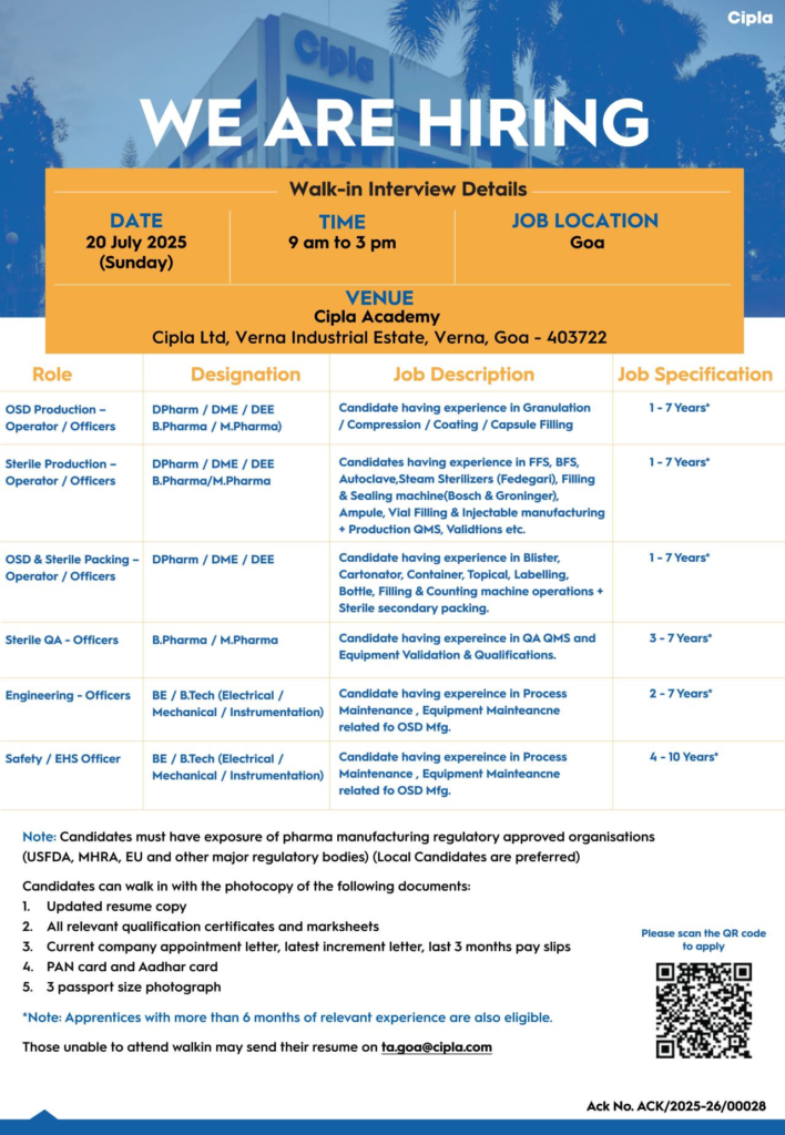 Cipla Walk-In Interview for Production, QA, QC, Engineer and EHS Job Roles on 20th July 2025