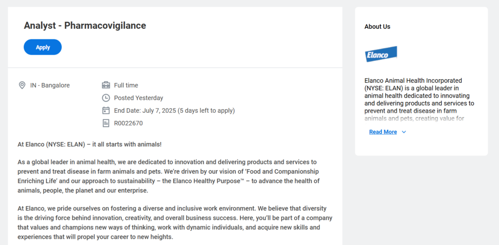 Elanco is Hiring Freshers for Pharmacovigilance Analyst in Bangalore