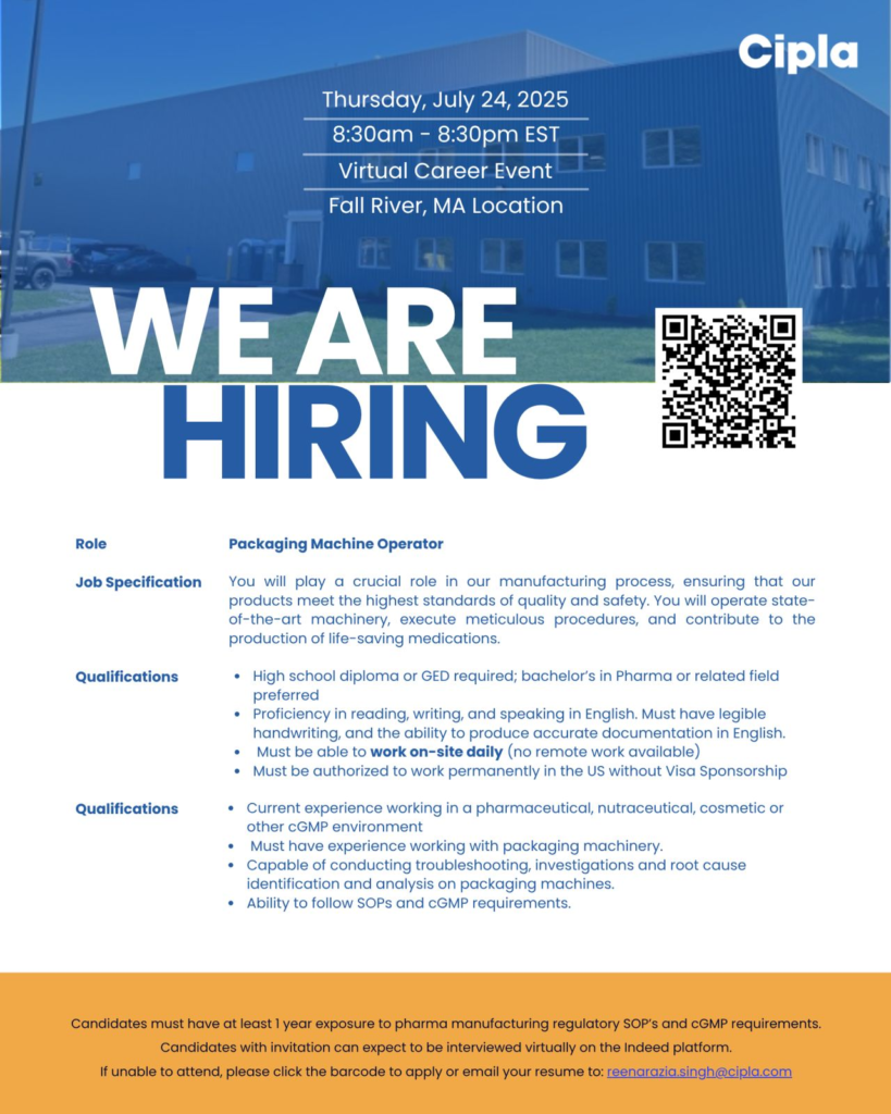 Cipla - Virtual Career Event for Fall River, MA on 24th July 2025