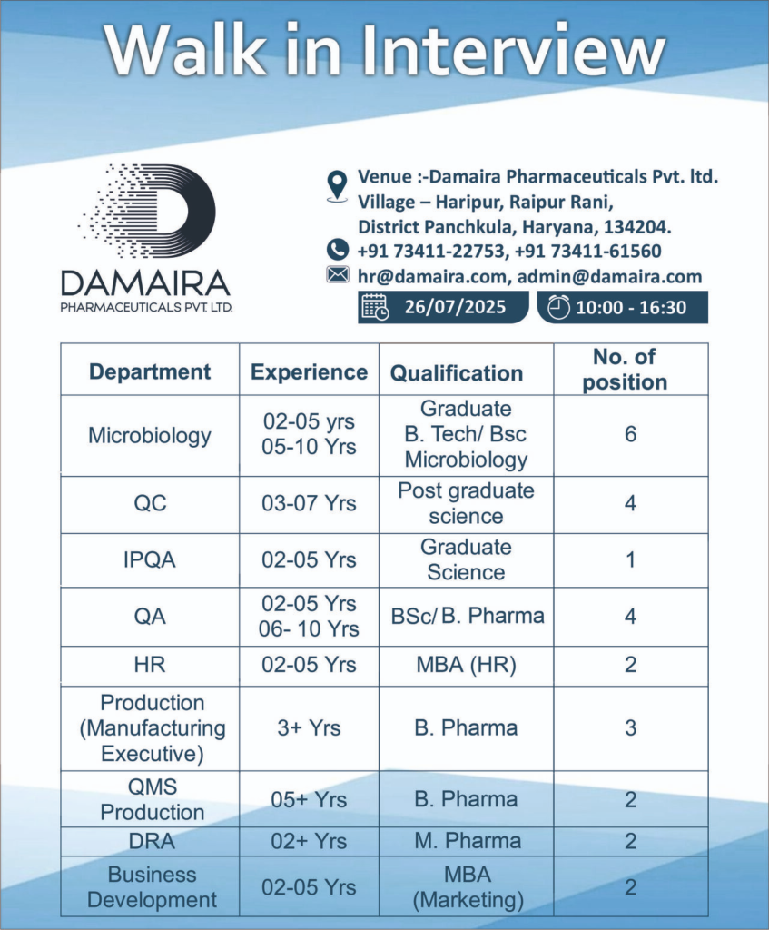 Damaira Pharmaceuticals Walk-In Interview for Drug Regulatory Affairs, QA, QC, Microbiology Job Roles - 26th July 2025
