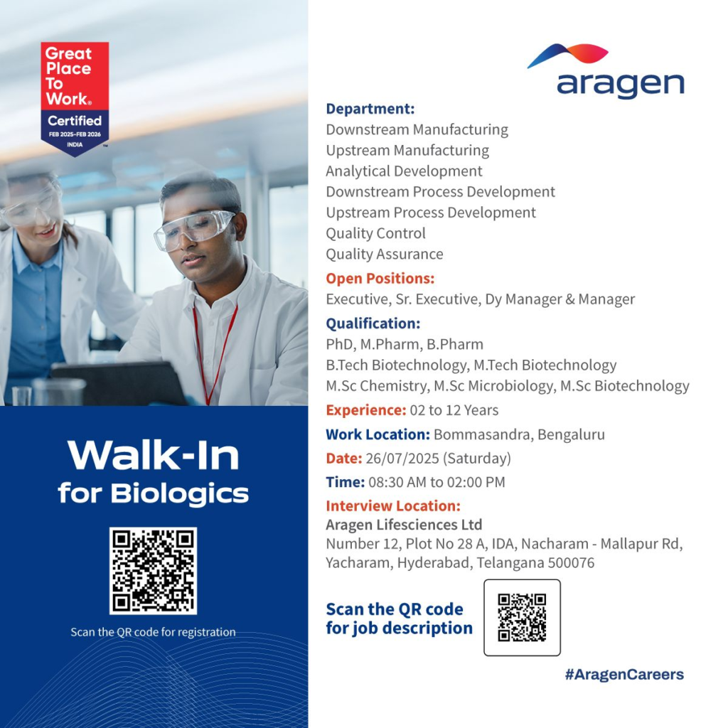 Aragen Life Sciences Walk-In Interview for Biologics on 26th July 2025