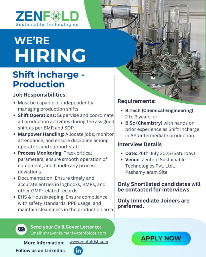 Zenfold Sustainable Technologies Walk-In Interview for Shift In-Charge (Production) - 26th July 2025