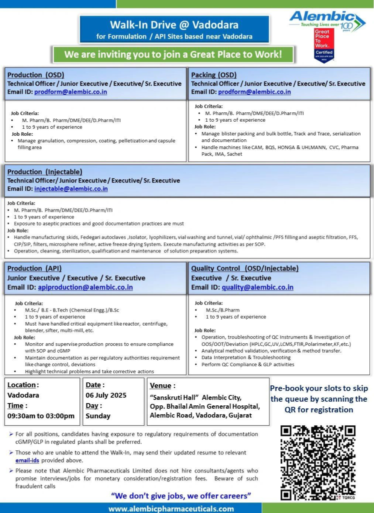 Alembic Pharmaceuticals Walk-In Drive for Production, Packing, and Quality Control Roles – July 6, 2025