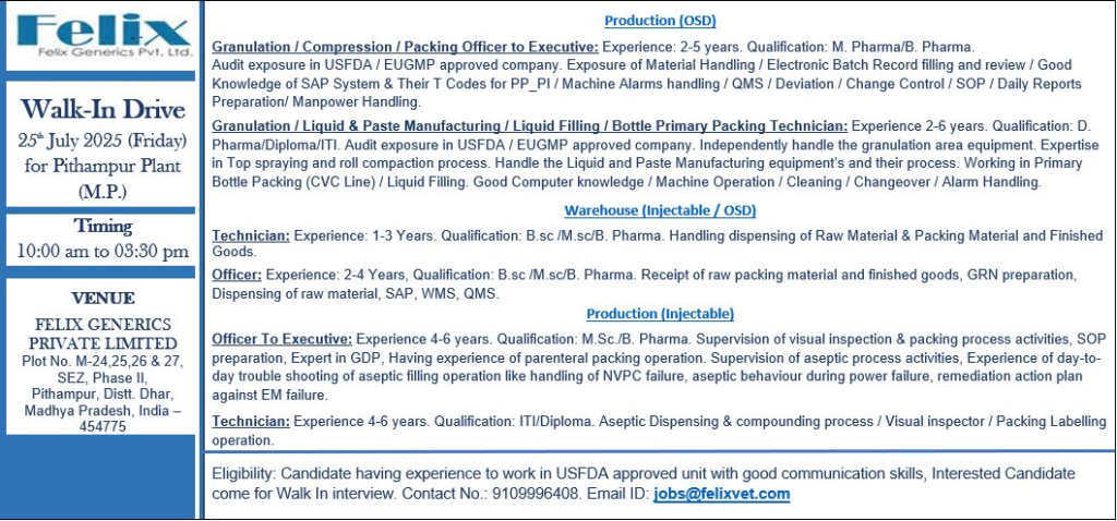 Felix Generics Walk-In Drive for Production & Warehouse Roles – Pithampur Plant (25th July 2025)