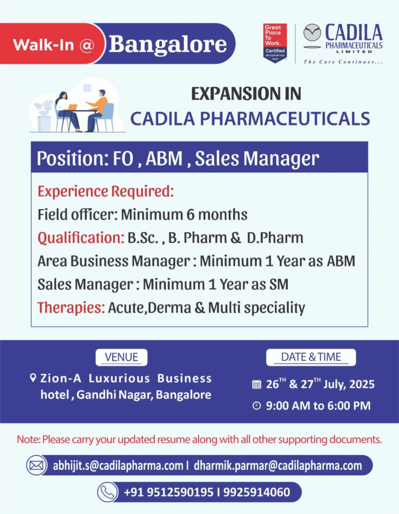 Cadila Pharmaceuticals Walk-In Interview in Bangalore on 26th & 27th July